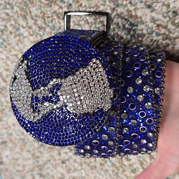 Western Rhinestone Globe Belt Blue Silver Sparkly New Medium 46" - Picture 4 of 5